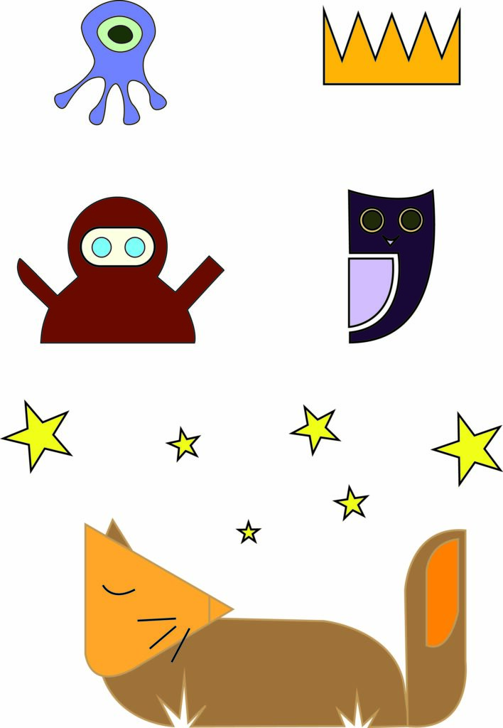 An illustration of a crown, octopus, robot, owl and a fox looking up at stars.