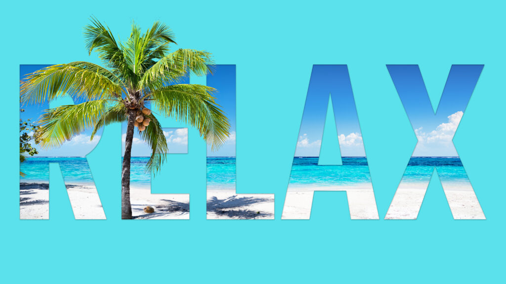 A beach and coconut tree with the words relax